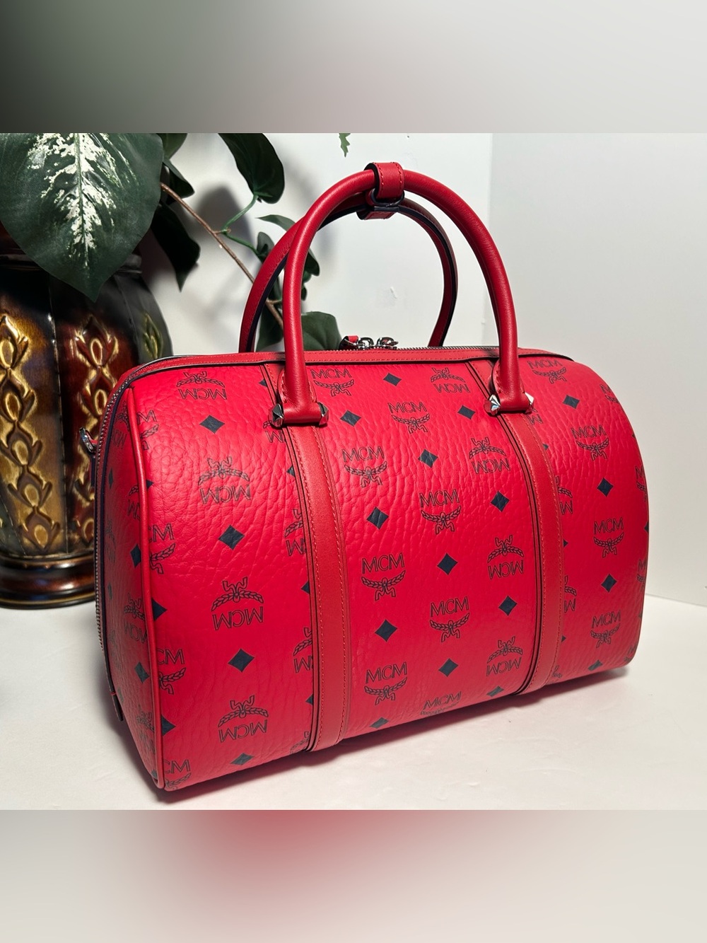 MCM Red Visetos Logo Boston Bag-NWT WITH COA! - Picture 4 of 11